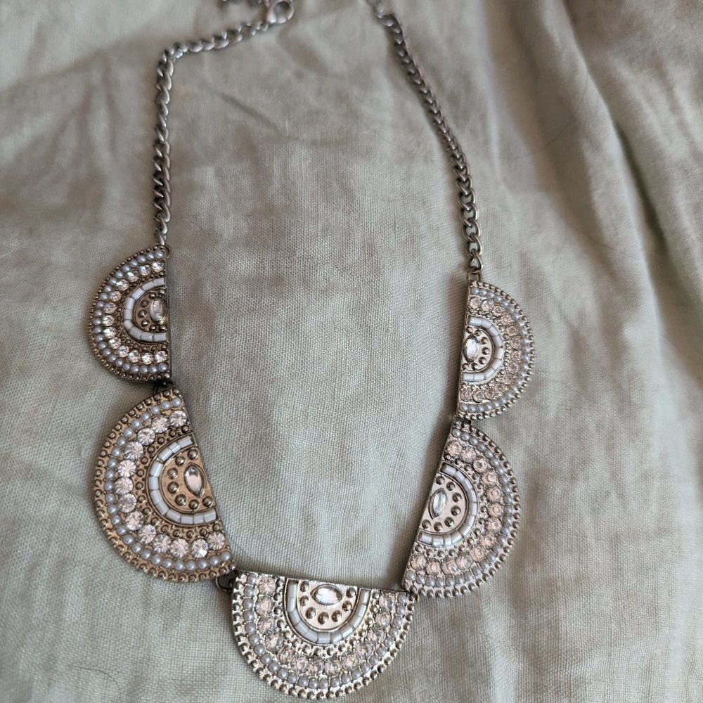 Silver White and Gold Bejeweled Statement Necklace